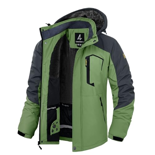 LZACTOIN-X Winter Coats for Men Water Resistant Fleece Lining Jacket Outwear Winter Clothes for Ski Snow Army Green & Dark Gray X-Large