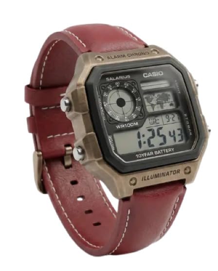 Image of Digital Sports Watch with Leather Strap, World Time, Water Resistant, Illuminator, Alarm and Chrono Functions