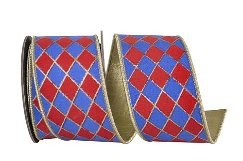 Reliant Ribbon Diamond Elite Metallic Outline Deluxe Wired Edge, Red/Royal, 2-1/2 Inch, 5 Yards