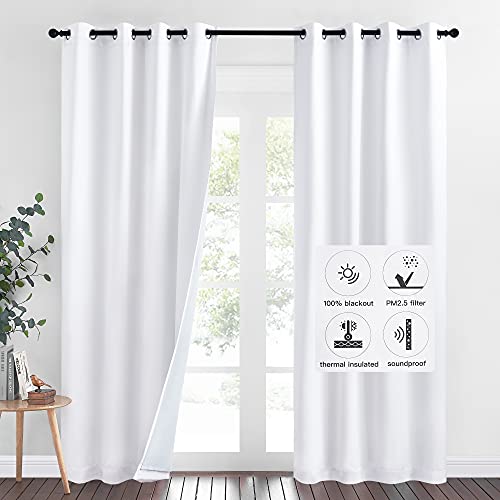 NICETOWN Lower PM2.5 Particles, Full Shading Curtains, Super Heavy-Duty Noise Absorb Lined Blackout Curtains for Bedroom, Privacy Window Treatments (White, Pack of 2, 52 inches W x 95 inches L)