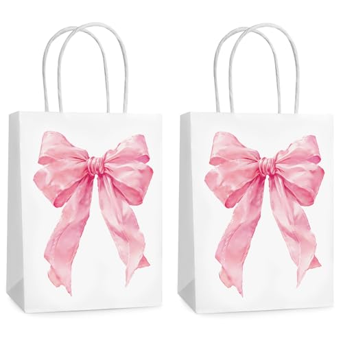 Hxezoc 12 Pieces Pink Bow Gift Bags with Handle Paper Treat Candy Bag Girly Bow Favor Bags for Bow Theme Bachelorette Party Birthday Party Decoration Supplies