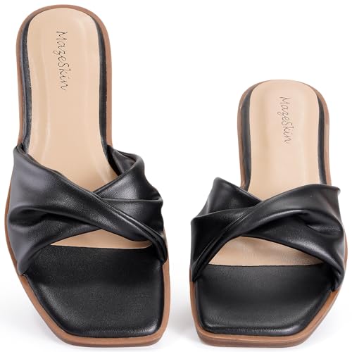 mazeskin Women's Dressy Slide Sandals Square Toe Comfortable Memory Foam Leather Summer Flat Sandals Black US7