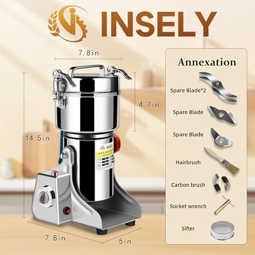 INSELY 750g Grain Mill, flour mill grinder for home, Electric Stainless Steel Grain Grinder for Wheat, Spices, coffee,Corn and Other Dry Food Grinders for Kitchen
