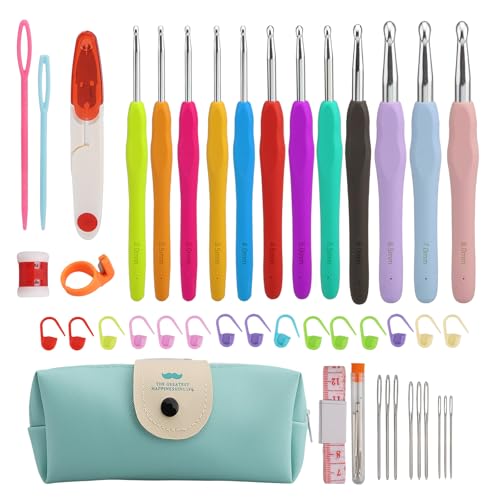 Lrocotanc Set de Agujas de Ganchillo 44 Piezas - 12 Tamaños Kit de Crochet para Principiantes - Mango Ergonómico Suave - Accesorios de Ganchillo de Colores - Con Bolsa de Almacenamiento