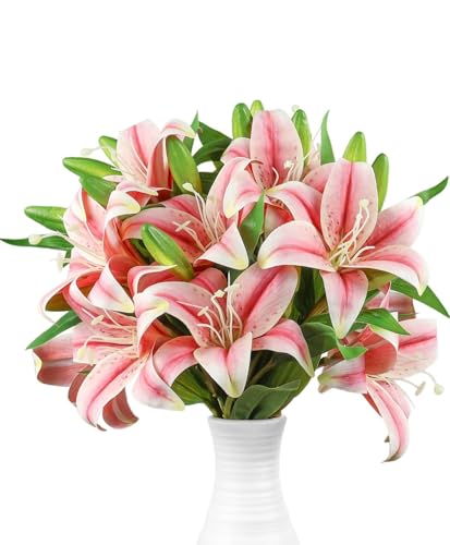 Image of VRB Dec Plastic 1 Pcs (3 Head) Lily Artificial Flowers Bunch Foam Flowers Sticks,Lily Artificial Flowers for Home Decor,Bedroom, Living Room, Table, Balcony, Office, Wedding, Pooja (Pink Color)