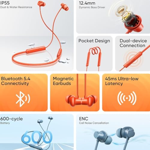 Image of Compatible with Realme 5 Lite Neckband with Powerful Bass Audio, HD Mic, Magnetic Earbuds, Premium Finish(Orange)