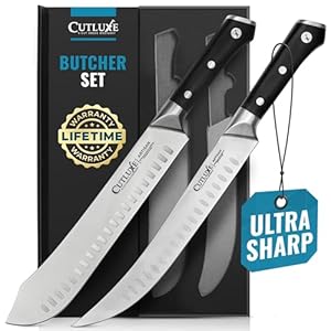 Cutluxe Butcher Knife Set – Cimeter Breaking & Bullnose Carving Knives for Meat Cutting – Professional Knife Set, Razor Sharp German Steel,Full Tang, Ergonomic, Butcher Knives for BBQ – Artisan Series
