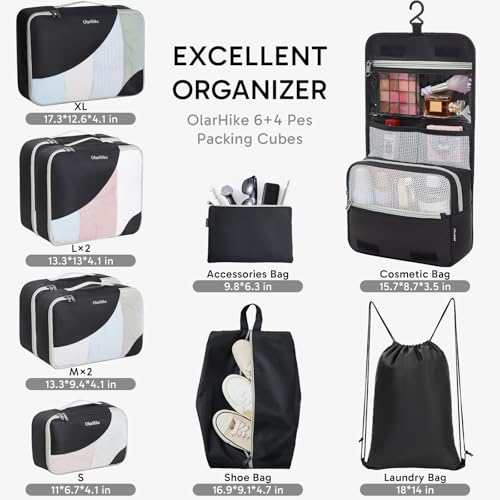 Image of ALL INCLUDED 10 Set Durable Packing Cubes for Suitcases,OlarHike Essentials for Travel,UPGRADED Anti-Tear Stitching, NEW Improved Luggage Packing Organizers for Travel Accessories (Black)