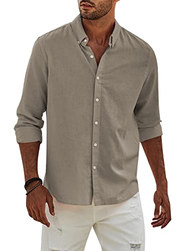 APOONABA Hemd Herren Buissnes Leinenhemd Freizeithemd Casual Leinen Bluse Langarm Shirts Regular Fit Western Hemden Baumwolle Langarmhemd Frühling Sommer Herbst Khaki M