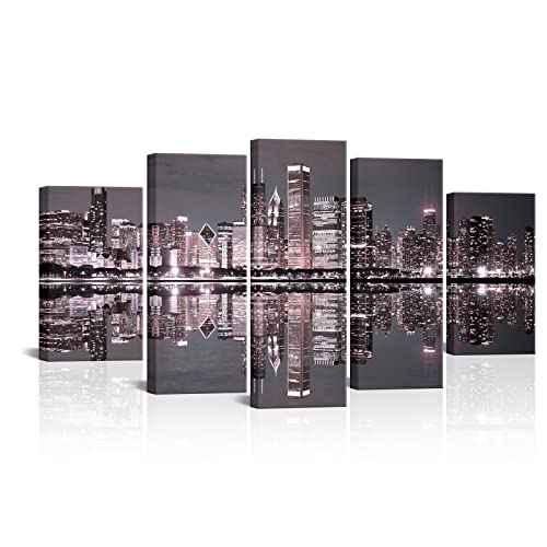 Conipit Chicago Skyline Wall Art City Skyline Painting Night Landscape Pictures For Office Home Decor Pink City Canvas Stretched And Framed Ready To Hang 60''X32'' #TOP6
