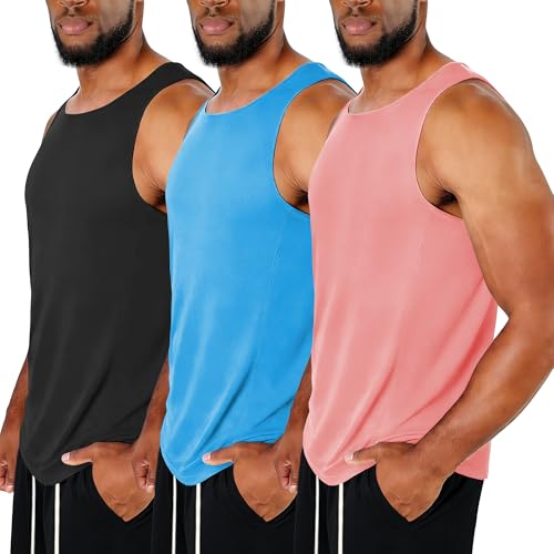 3 Pack Men's Workout Tank Tops UPF 50+ Sleeveless Shirt Sun Protection Fast Dry Lightweight Gym Fitness Muscle Shirts Pink/Light Blue/Black XX-Large