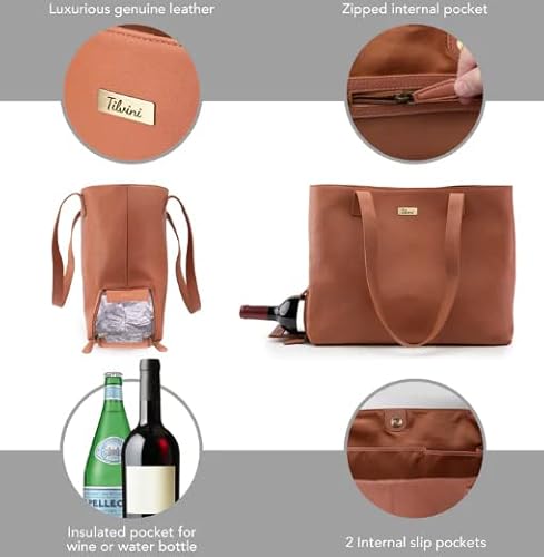 Tilvini Genuine Leather Wine Tote Bag With Insulated Wine Bottle Compartment. Unique Wine Gift For Women. Wine Cooler Bag Purse – Pool Beach Tote, Boating, Picnic Bag, Travel Gift For Women (Tan) #TOP2