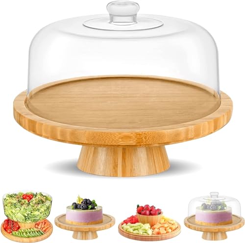 Bamboo Cake Stand with Dome Multi Function 6 in 1 Cake Holder Serving Platter, (30cm) Round Veggie Stand and Salad Bowl, Decorative Display Cake Stand with Lid - Cosy Home Interiors Bamboo Cake Stand with Dome Multi Function 6 in 1 Cake Holder Serving Platter, (30cm) Round Veggie Stand and Salad Bowl, Decorative Display Cake Stand with Lid