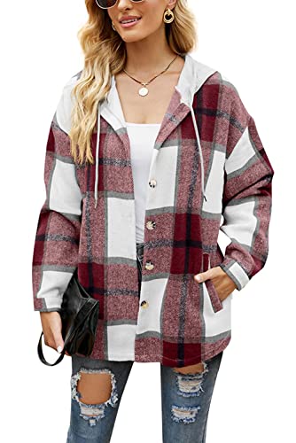 HVEPUO Flanellhemd Damen Kariert mit Kapuze Hemdjacke Knöpfen Langarm...