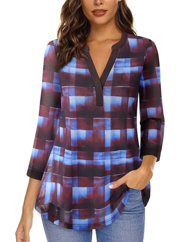 Image of Timeson Women's Short Sleeve V Neck Blouses Shirts Floral Double Layers Mesh Tunics Tops
