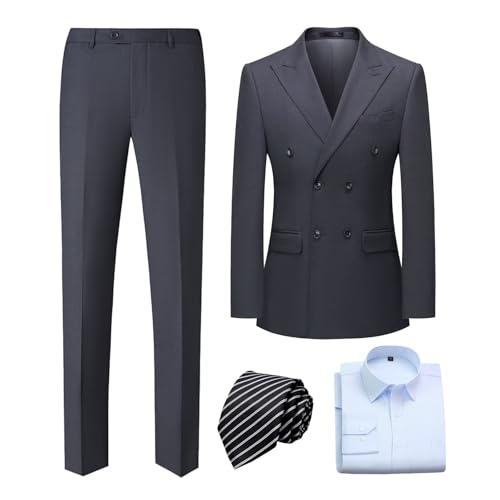 Men's Double Breasted Suit Set 2 Pieces Wedding Prom Dinner Tuxedo with Dress Shirt Jacket Pants Set with Black Striped Tie