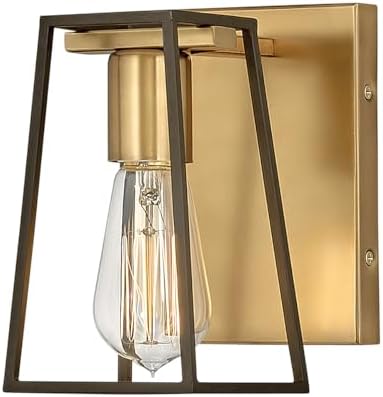 Hinkley 5160HB Filmore Single Light Bath Vanity Fixture, Modern Industrial Trapezoid Open Cage, Mount Up or Down, in Heritage Brass and Oil Rubbed Bronze Accents