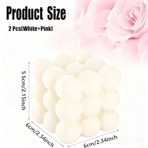 Duftkerze in Würfelform 2er Set - Handgemachte Bubble Kerze aus Sojawachs, Natürliche Wohlriechende Aesthetic Kerzen für Home Deko in Rosa & Weiß