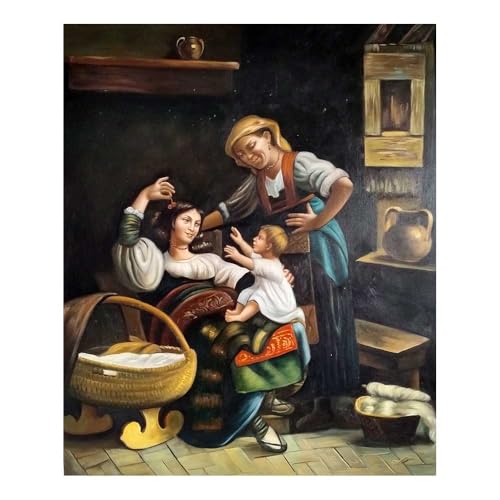 MORANA Cuadro pintado a mano – Óleo sobre lienzo 50 x 60 cm – Madre e hijo en cocina rústica con cuna mimbre, escena de vida diaria – Made in Italy