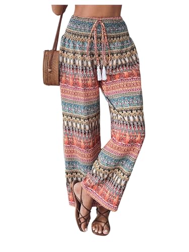 SHENHE Women's Bohemian Graphic Palazzo Pants Elastic Wide Leg High Waisted Boho Trousers