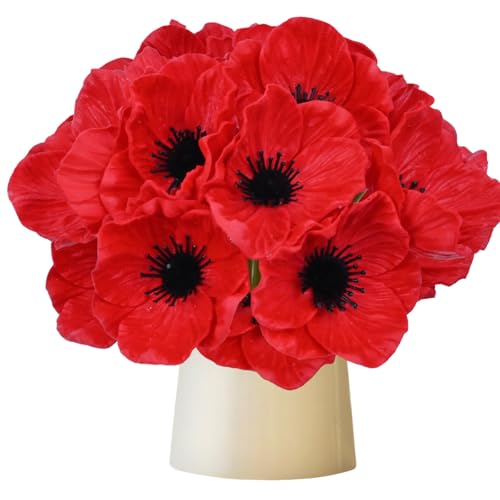 Tikroom 10Pcs Red Poppy Artificial Flowers 11" Real Touch No Fade PU Fake Flowers for Wedding Centerpieces Bridal Bouquets Home Decor Vase DIY Arrangements Memorial/Veterans Day