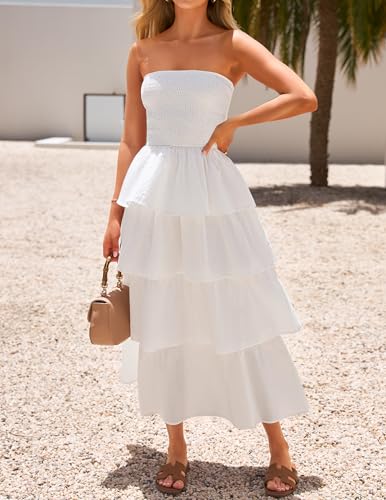 ZESICA Women‘s Summer Boho Strapless Maxi Dress 2025 Casual Sleeveless Off Shoulder Smocked Tiered Beach Long Sundress2