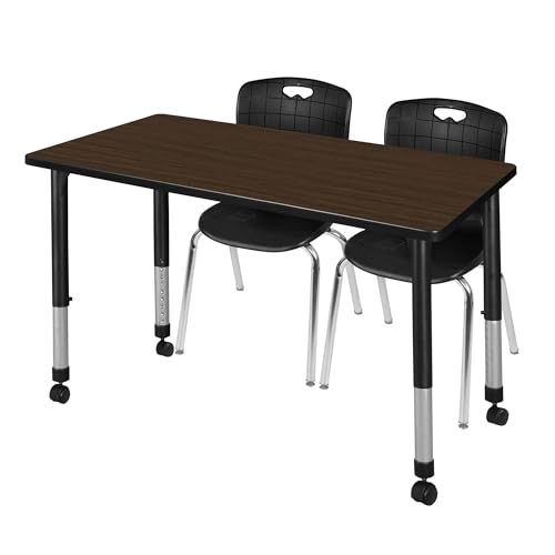 Regency Kee 60 x 24 in. Mobile Adjustable Classroom Table- Neo Walnut Top, Black Base & 2 Andy 18 in. Mobile Black Stack Chairs
