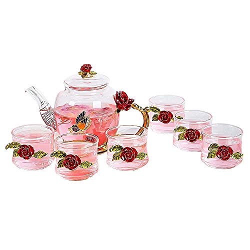 Glasteekanne - 280 ml - Frankreich Emaille Rote Rose Blume Schmetterling Dekoration Hitzebeständiger Glas Teekanne Kessel mit Sieb für blühenden