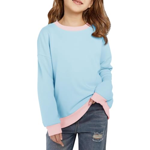 Kids Girls Thermal Pullovers Sweatshirts Long Sleeve Crew Neck Contrast Color Shirts Fall Fashion Warmth Thickened Tops