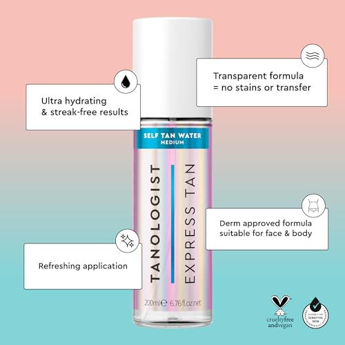 tanologist medium self tan water clear self tanning water streak-free tanning mist natural bronze no fake tan smell long lasting clean ingredients 676 fl oz200 ml bottle