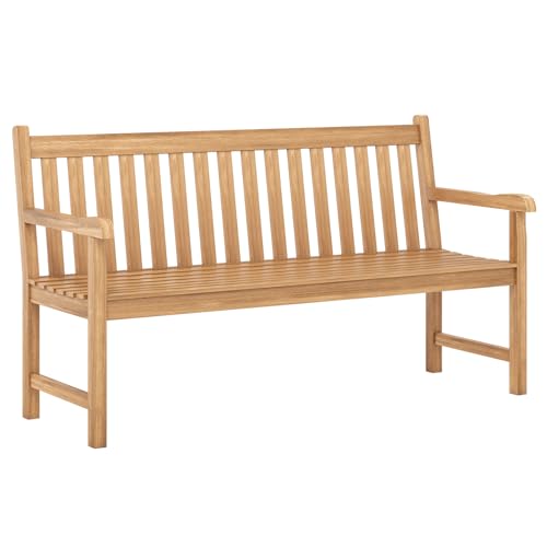 Tangkula 62' Teak Wood Outdoor Bench, 3-Seat Solid Wood Garden Patio Bench with Armrests and...