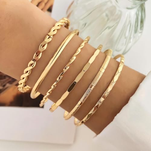 Gold Bangle Bracelet, 6 Pcs Gold Plated Dainty Layered Chain, 14K Layer Stackable Cuff Bracelet Set for Women (Gold)