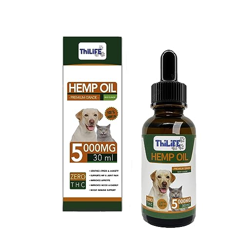 Thilife | Olio di Canapa Calmante y Tranquillante per Cani e Gatti | Aroma Manzo | 5000 MG | 30 ml | con Omega 3 6 9 |Vitamine A/B/D/E per Animali Domestici | Integratore Alimentare Naturale