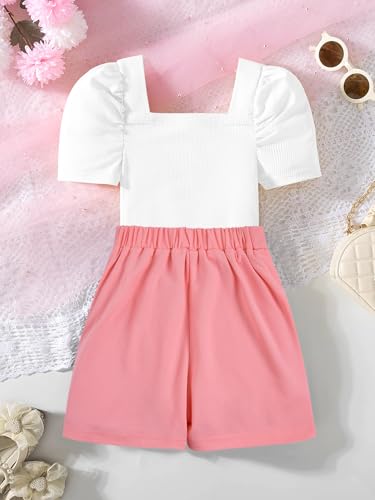 Image of Hilinker Girl's 2 Piece Outfits Puff Sleeve Square Neck Top and Mini Skort Sets White Pink 11-12 Year