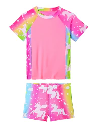 Girls Rash Guard Swimsuit Size 4-5 Years Old Pink Stripe Unicorn 2 Piece Short Sleeve Bathing Suits