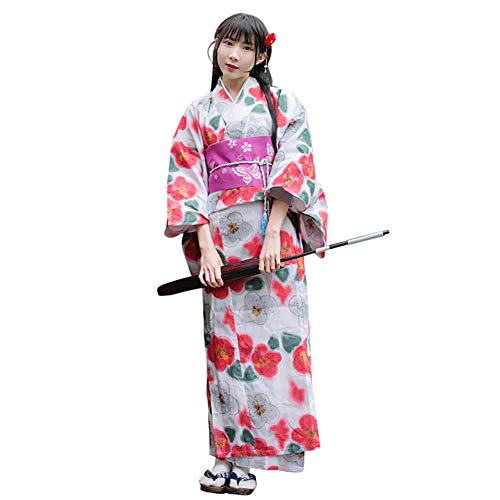 HongH Women\'s Japanese Traditional Kimono Cosplay Costume Watercolour Print Cherry Blossom Yukata Bathrobe (Cherry Blossom White)