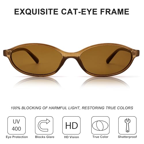 Bouryo Retro Oval Sunglasses for Women - Small Y2k Sunglasses Chic Cat Eye 90s Sunnies - Lightweight Narrow Trendy Shades3
