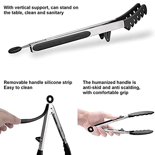 Image of YANCI Kitchen Tongs Set of 3, Multipurpose Heat Resistance Cooking Tongs with Resting Gadget, Heavy Duty Stainless Steel with Robust Silicone Tips & Locking Clips for Cooking BBQ Baking (Black)