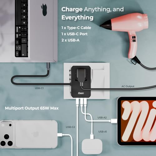 Image of Foxin Rover 70W Universal Travel Adapter 70W GaN Fast Charger, 6 in 1 International Travel Converter, Retractable 90cm Type-C Cable, 2 USB-C, 2 USB-A, 2500W Universal AC Socket, 190+ Countries