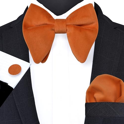 Image of GUSLESON Mens Solid Plaid Velvet Pre-tied Adjustable Bow Tie and Pocket Square Cufflink Set with Gift Box