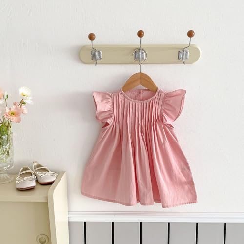 Girls Summer 𝐅lutter Sleeve Swing Dress Causal Boho Beach 𝐒undress Solid Color Ribbed Flowy Smocked Dresses2