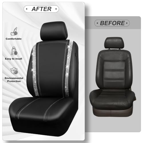 Image of CAR PASS Bling Diamond Leather Car Seat Covers 7 Seats 3 Rows,Black Silver