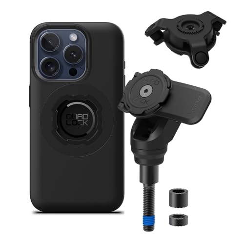 Image of Quad Lock Handlebar Clamp PRO Motorcycle Phone Mount with Vibration Dampener and MAG Phone Case for iPhone 15 Pro