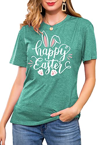 Image of Women Happy Easter T Shirt Bunny Rabbit Graphic T-Shirt Funny Letter Printed Shirts Short Sleeve Tops