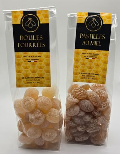 Le Rucher de Stéphane Bonbons au Miel Artisanaux, Duo de Pastilles et Boules Fourrées, Confiserie Française avec 15-28% de Miel de France, 300g