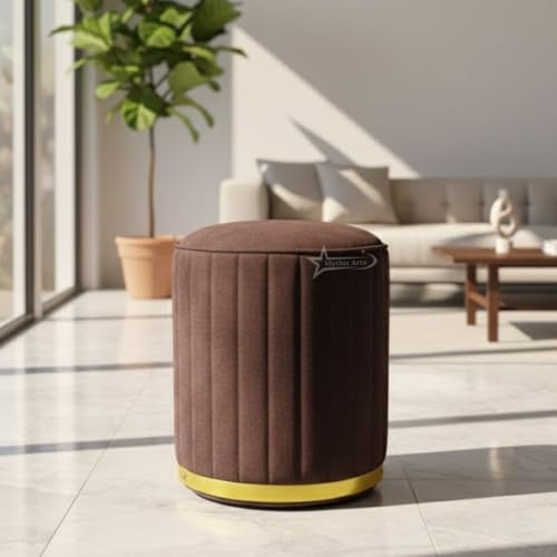 Image of Upholstered Round Linen Strip Stool Living Room Foot Rest Office Stool Pouf Ottoman Padded Seat - Brown