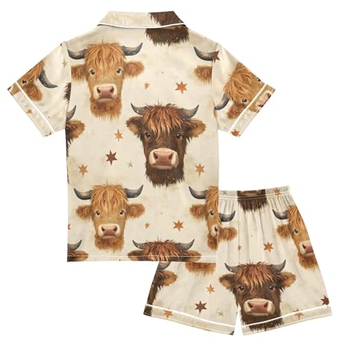 Highland Cow Retro Star Summer Satin Pajama Set, Cute Button-Down Sleepwear Pj Set for Sleep Wears2