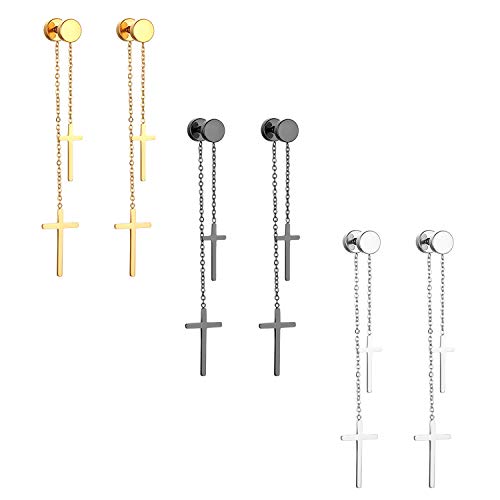 Cupimatch 3 Pairs Stud Earrings with Cross Dangle for Men Women Stainless Steel Double Cross Tassel Ear Pierced Earrings Set