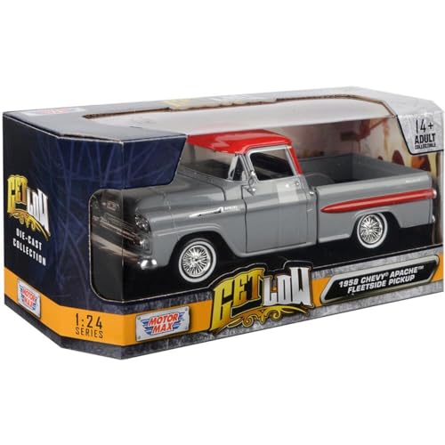 1958 Chevy Apache Fleetside Pickup Truck Lowrider Gray with Red Top Get Low Series 1/24 Diecast Model Car by Motormax 79033gry