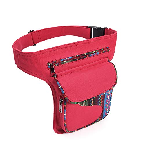 RiñOnera Moto Vintage Mujeres Bolsa de Cintura Paquete Gran Capacidad Fanny Pack Tela Patchwork Pouch Pocket Girls Correa Ajustable(Wine)